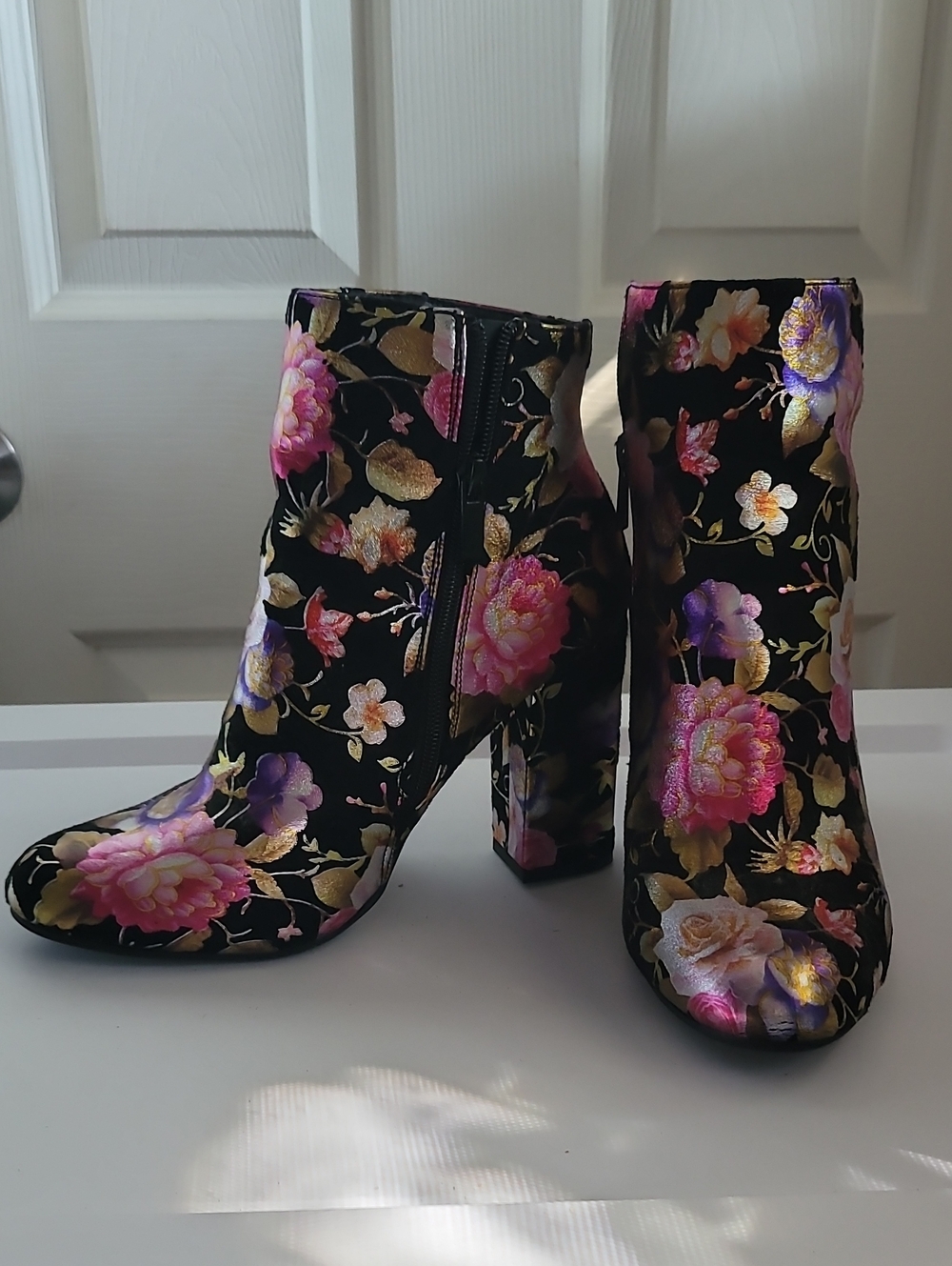 BAMBOO Black Floral Velvet Ankle Boots